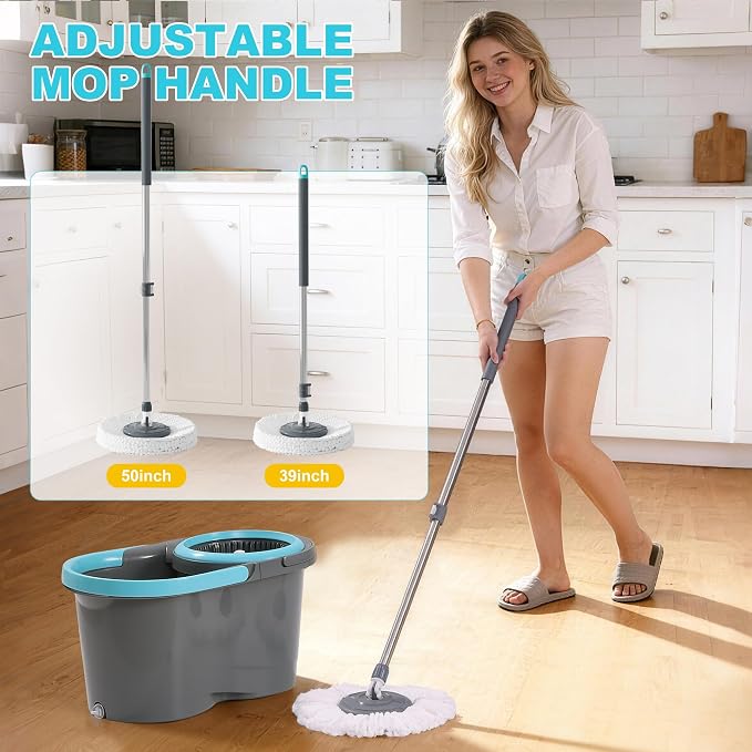 JOYMOOP Spin Mop and Bucket, 360° Mop Head & Telescopic Handle, Wet and Dry Use, 4 Reusable Microfiber Refills, Hands-Free Cleaning for Hardwood, Tile, Laminate Floors & Walls