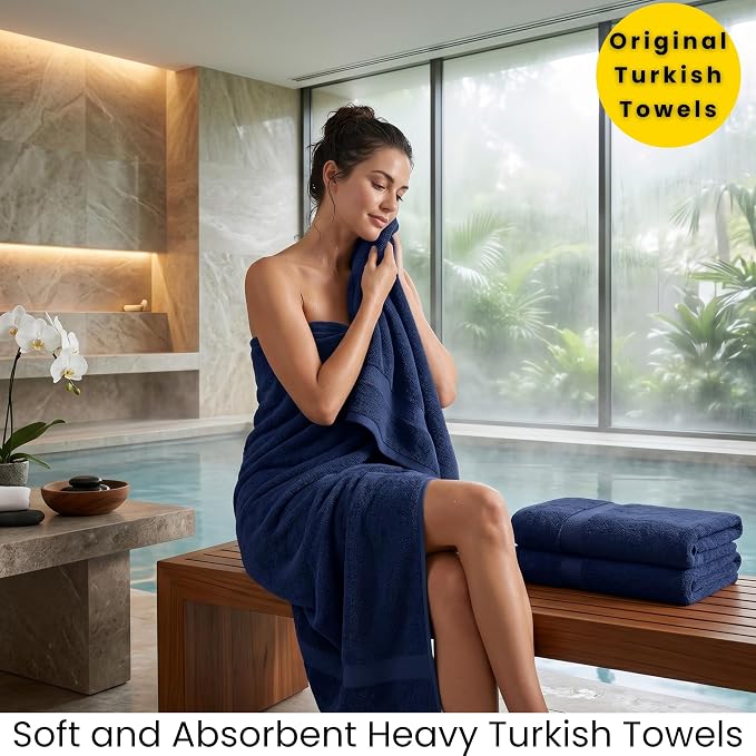 SALBAKOS 2-Piece 100% Turkish Cotton Bath Towels, Extra Large 35x70, Navy | Oversized Bath Sheet Towel for Bathroom & Beach, Thick, Super Soft, Highly Absorbent, Premium Hotel Quality, Made in Turkey