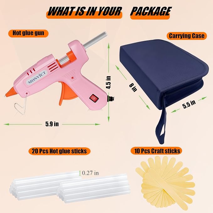 MONVICT Hot Glue Gun Kit, Mini Pink Glue Gun with Carrying Case,Pink, 30W | 20 Pcs Premium Glue Sticks, 10 Pcs Wood Craft sticks, Fast Preheating Hot Melt Glue Gun for School Crafts DIY Arts Gift