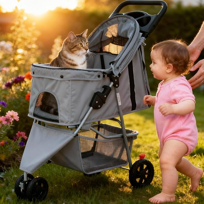 DUMOS 3 Wheels Pet Stroller for Small Dogs and Cats, Foldable Dog Stroller with Mesh Windows, Storage Basket & Cup Holder, Lightweight & Durable Pet Carrier for Outdoor Use, Grey