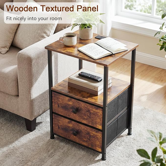 Night Stand, Nightstands Set of 2 with Charging Station | Bedside Table with 2 Fabric Drawers for Bedroom, End Tables with Storage Shelf for Small Spaces, Rustic Brown