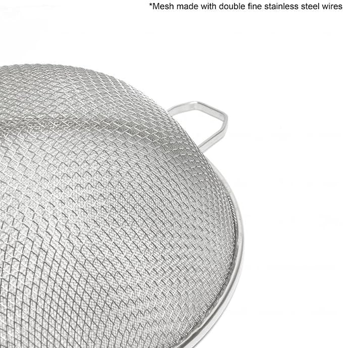 TrueCraftware- 10-Inch Double Fine Mesh Strainer Stainless Steel with 10-3/4" Handle Length Wooden Handle- Kitchen Utensil Food Strainer Skimmer Spoon for Cooking Sieve Sifters Pasta Fruits Vegetable