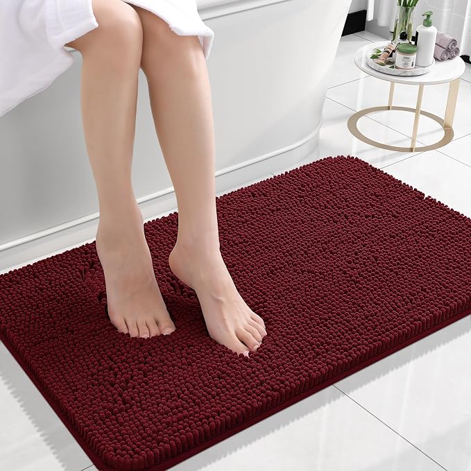 OLANLY Small Bathroom Rugs 24x16, Extra Soft Absorbent Chenille Bath Rugs, Rubber Backing Quick Dry, Machine Washable Bath Mats for Bathroom Floor, Tub and Shower, Home Decor Accessories, Burgundy