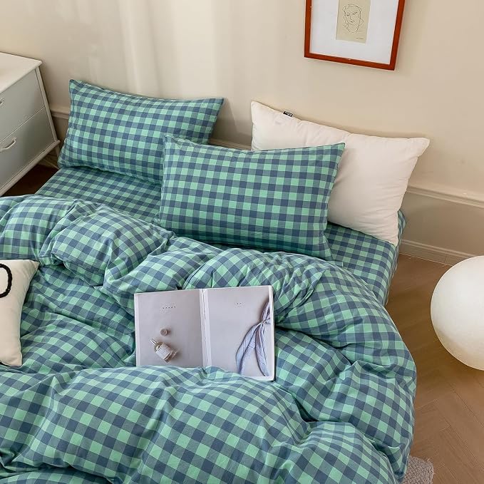 mixinni Green Gingham Grid Duvet Cover Twin, 100% Washed Cotton Modern Geometric Bedding Set with 2 Pillowcases, Farmhouse Style Blue Plaid Comforter Cover Set for Men & Women, Soft & Lightweight