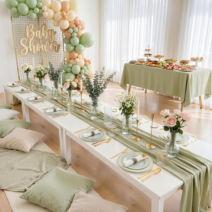 WDF Partyware 350PCS Green Plates Disposable - Sage Green Plastic Plates 50Guests Plastic Dinnerware with Rolled Napkins for Party/Birthday/Spring