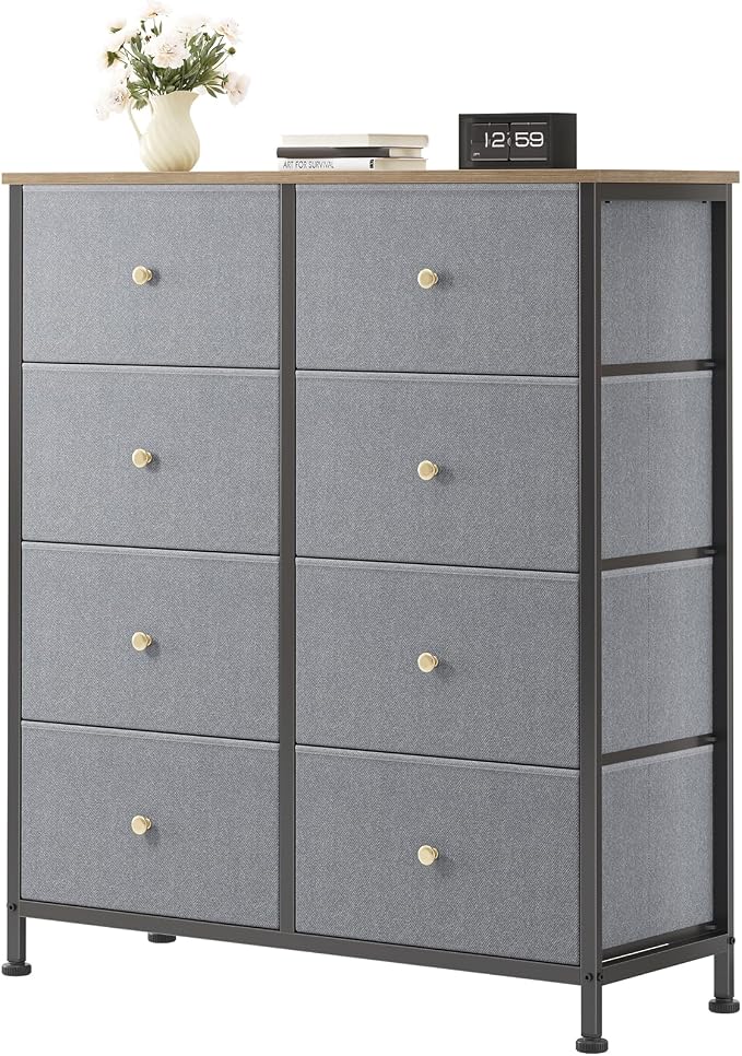 OLIXIS 8 Drawer Storage Dresser with Wood Top - Wide Fabric Chest Organizer for Bedroom, Closet, Living Room,Tower Cabinet, TV Stand, Hallway Entryway Furniture,Gray Blue