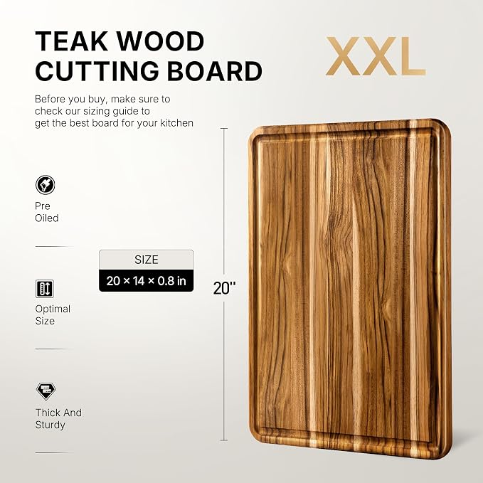 Extra Large Teak Wood Cutting Boards for Kitchen 20'' Wooden Chopping Board | Wooden Chopping Board, Heavy Duty, Over Sink, Solid Thick, Meat, Easy to Clean, Extra Large, Best Kitchen Essential Gift