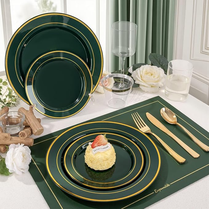 WDF Partyware 175PCS Green Plastic Plates - Green and Gold Disposable Plates 25Guests Plastic Plates with Rolled Napkins for Birthday/Party/Wedding/World Cup 2026