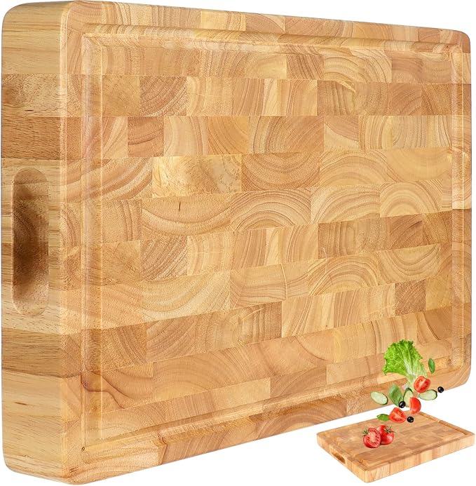 End Grain Cutting Board, Extra Large & Thick, End Grain Built-In Compartment and Juice Canal, Heavy Duty Chopping Board, Thick Carving Board for Bread Fruits Meat (17x13 Inches)