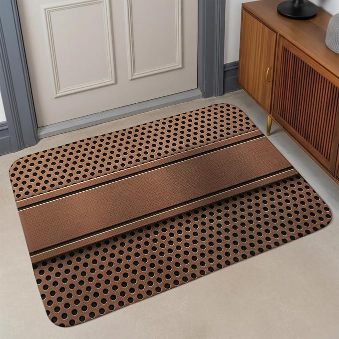 Brown Metal Hole Bathroom Rugs Non Slip Washable Bath Mat Absorbent Low Pile Front Door Mat Copper Net Eye Hole Pattern Indoor Doormat for Kitchen Entryway Shower Decor Accessories 15.7"x23.6"