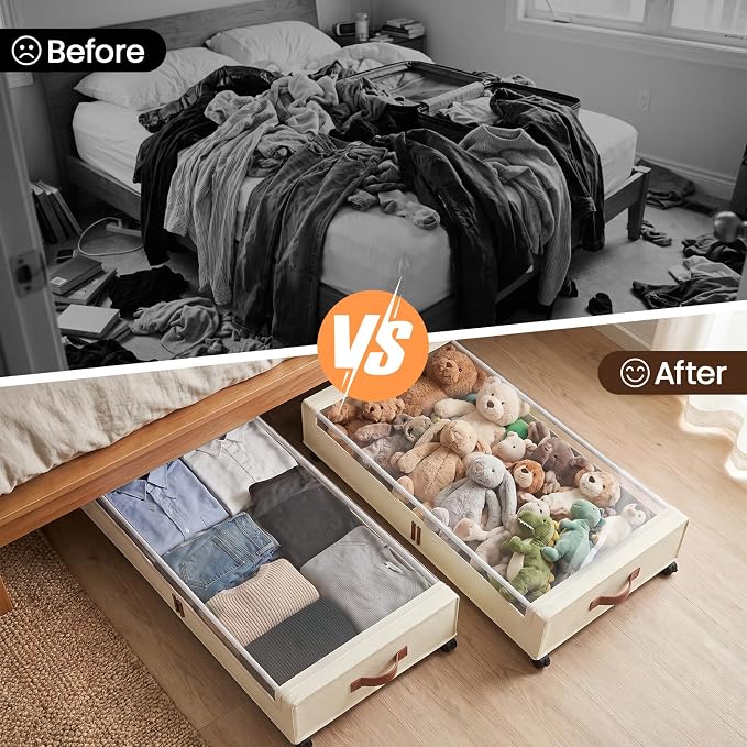Yecaye 70L Large Under Bed Storage Containers with Wheels, 2 Pack, Beige | Larger Capacity, 360° Rolling Wheels, Clear Window & Label, Sturdy Fabric, Rolling Metal Drawers for Clothes, Shoes, Blankets
