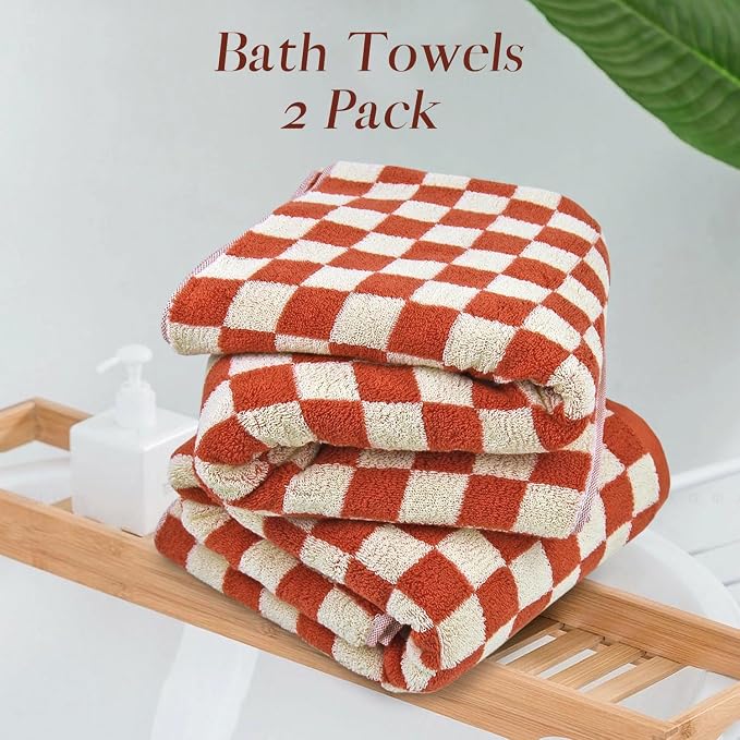 Jacquotha Ultra Soft Bath Towels 2 Pack - 520 GSM Cotton Highly Absorbent | Checkered Towels Set for Bathroom Shower Pool Travel 55" x 28"(Coral)
