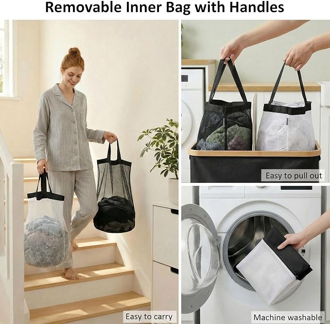 efluky Laundry Hamper with Lid, Double Laundry Basket with 2 Removable Bags, 2 Section Laundry Bin with Bamboo Handles for Bathroom, Bedroom & Laundry Room, 140L (36.9 Gallon) Black