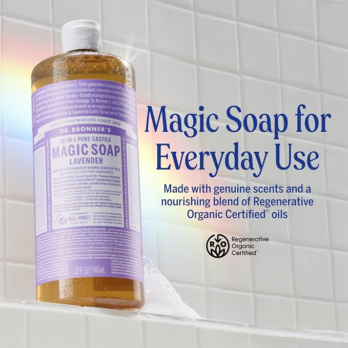 Dr. Bronner's Pure-Castile Liquid Soap, Made with Organic Oils, 18-in-1 Uses: Face, Body, Hair, Laundry, Pets and Dishes, Concentrated, Vegan, Non-GMO, Lavender, 32 Oz