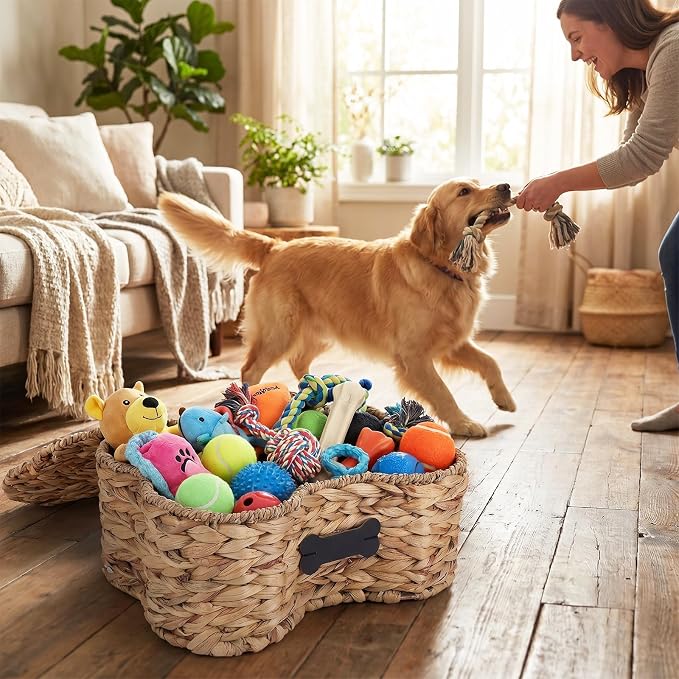Dog Toy Basket with Lid, Bone Shape Wicker Pet Toy Storage Bin, Handmade Water Hyacinth Dog Organizer with Name Label, Dog Cat Toy Basket Holder Box for Living Room, Leashes, Balls, Blankets