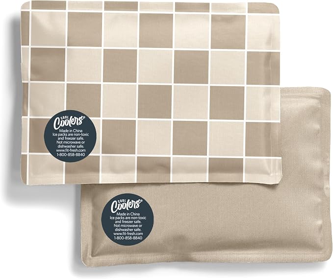 Fit & Fresh Cool Coolers 2 Pack Soft Ice for Lunch Bags, Flexible Stretch Nylon, Durable, Reusable Lunch Box Ice Packs, Soft Ice, Reusable Freezer Packs, Lunch Ice, Easy to Clean, Taupe Checkerboard