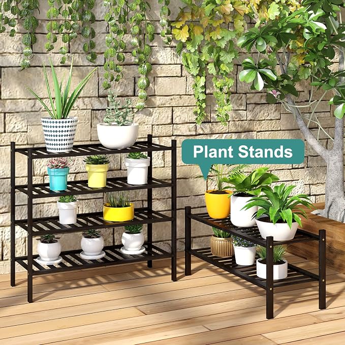 viewcare 4-Tier Black Bamboo Shoe Rack for Entryway, Stackable | Foldable | Natural, Shoe Organizer for Hallway Closet, Free Standing Shoe Racks for Indoor Outdoor