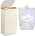 iEGrow Slim Laundry Hamper,75L Beige Narrow Laundry Basket with Lid,Foldable Clothes Hamper with Bamboo Handles,Hamper Basket with Removable Inner Bag for Laundry Room Bedroom College Dorm