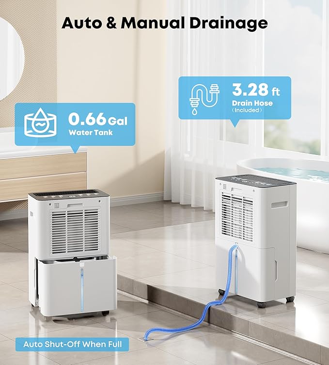 2500 Sq.Ft Dehumidifier for Basement, 32 Pint Dehumidifiers for Home with Drain Hose, Ultra Quiet 32dB, Smart Humidity Control, 24H Timer, Energy Efficient, Portable for Bedroom, Bathroom, RV