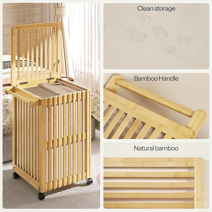 HOOBRO Laundry Hamper with Lid and Wheels, 120 L (31Gal) Double Laundry Basket, Bamboo Clothes Hamper with Handles and Removable Liner, for Laundry Room, Bathroom, Bedroom, Natural YL60XY01