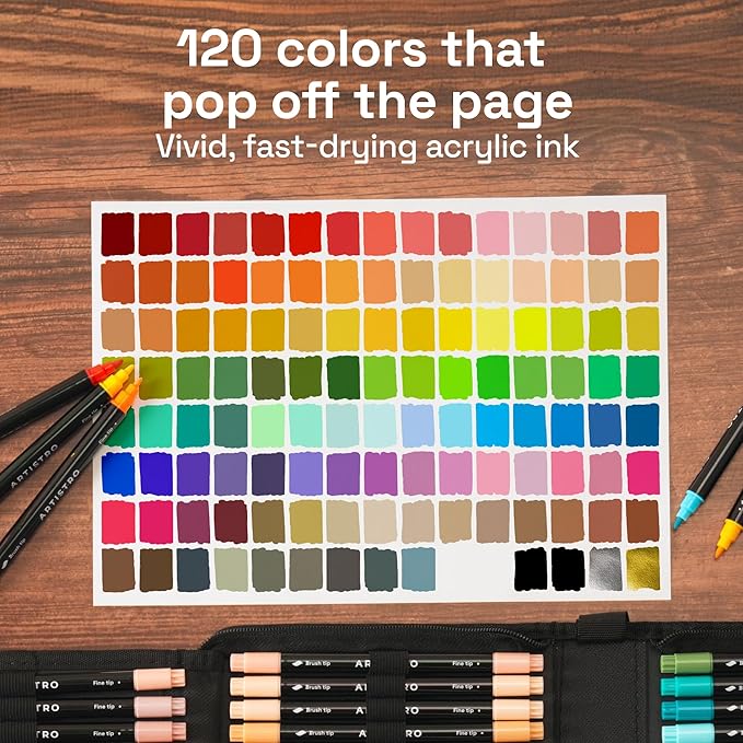ARTISTRO Acrylic Paint Pens With Storage Bag for Calligraphy - Markers With Brush and Fine Precision Tips - Multisurface Painting for Fabric, Rock, Glass, and More (120 Markers, Dual Tip Brush + Fine)