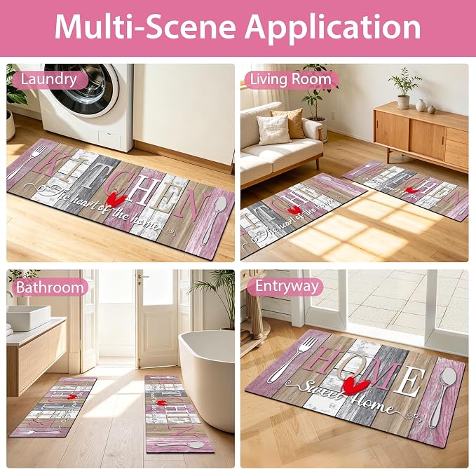 Kitchen Rugs Set 3 Piece, Non Slip Kitchen Mats for Floor, Soft Fabric with Rubber Backing, Farmhouse Anti Fatigue Runners Carpet for Home Kitchen Laundry Room Hallway (Rustic Pink & Grey)