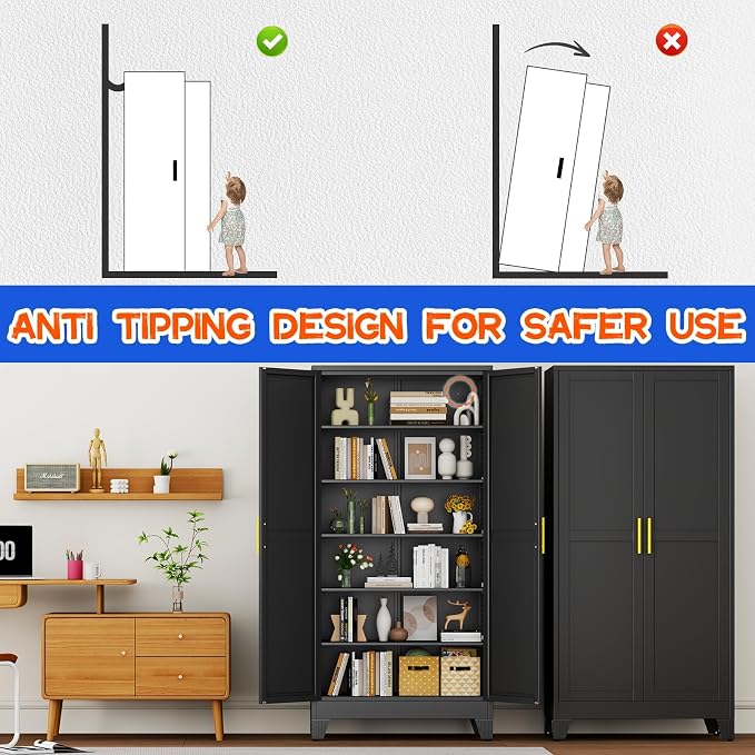 GAIOUS 75.2" Tall Metal Storage Cabinet, Kitchen Pantry Cabinet Black | Food Storage, Kitchen Organizer, Freestanding Cupboard with 2 Doors and 5 Adjustable Shelves, 6 Tier, Steel,for Office Dining