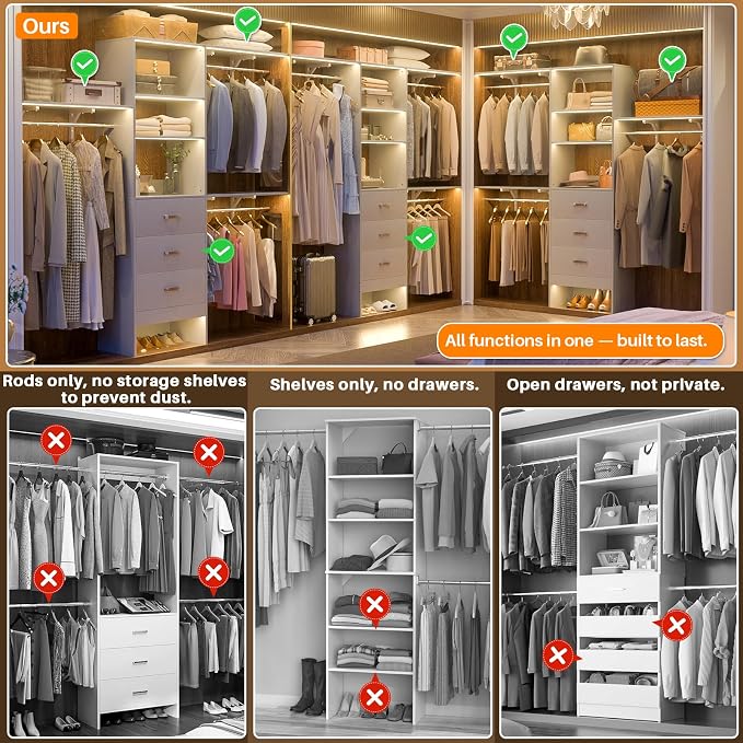 Armocity 96" Wood Closet System with 3 Enclosed Drawers & 3 Solid Shelves, 8FT Adjustable Closet Organizers and Storage, Heavy Duty Modular Wardrobe for Reach-In & Walk-In, 1000 LBS Load, Grey