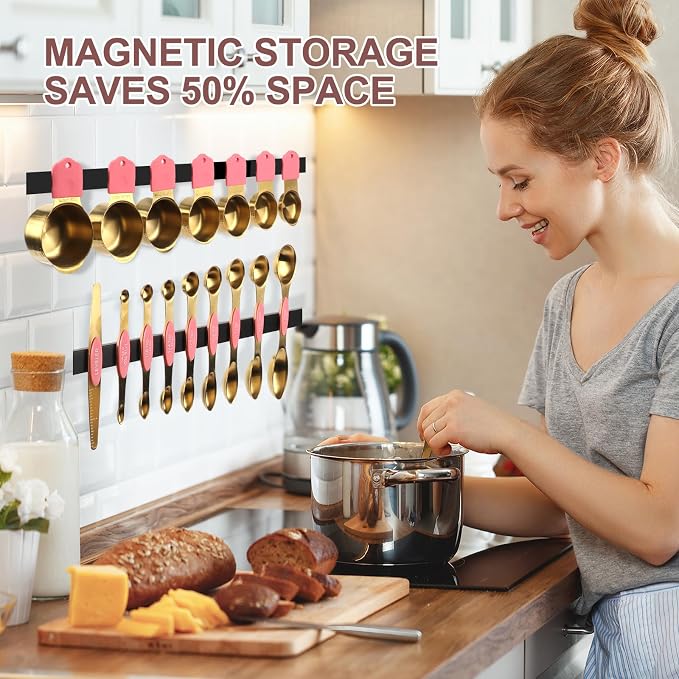 16-Piece Stainless Steel Measuring Cups and Spoons Set, Strong Magnetic Nesting Design 7 Cups 8 Spoons with Leveler, Double Measurement Markings for Dry & Liquid Ingredients, Pink & Gold
