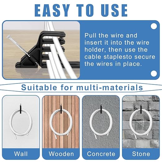 100Pcs Cable Stackers, Cable Staples Clips with Steel Nails, Electrical Wire stackers,Insulated Cord Staples Multi Cable Wire Clips for Suitable Most Cables
