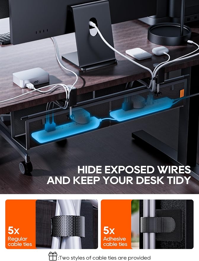 27" No Drill Under Desk Cable Management Tray (Black) | Fire-Resistant Thickened Nylon Material, Clip-on Cord Organizer to Hide Power Strip, Heat Dissipation Mesh Design, for Office