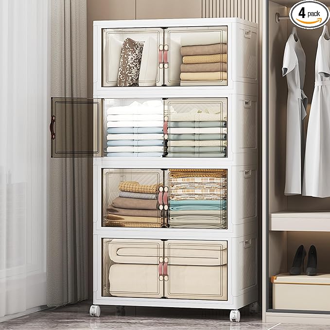 Stackable Storage Bins, 448QT Collapsible Drawers with Lid & Wheels | Large Capacity, Magnetic Door, Stack Lock, Rolling Casters, Foldable Design, Organizers and Storage for Bedroom Dorm Garage