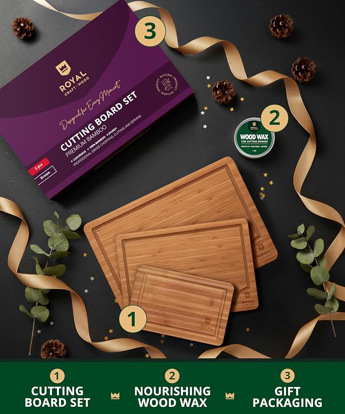 ROYAL CRAFT WOOD Wooden Cutting Boards for Kitchen Meal Prep & Serving - Bamboo Wood Serving Board Set with Deep Juice Groove Side Handles - Charcuterie & Chopping Butcher Block for Meat