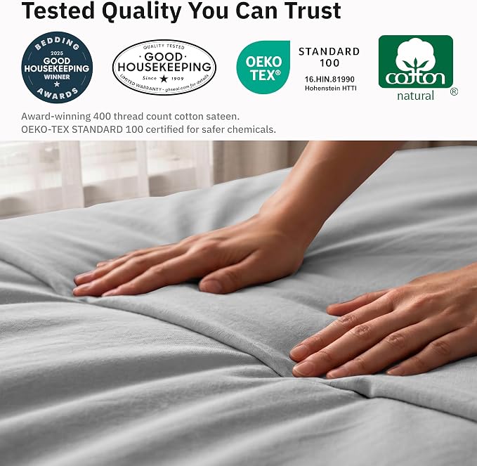 California Design Den 3 Pc King Size Duvet Cover Set -Winner Good Housekeeping Best Bedding Awards 2025, 400 Thread Count, 100% Cotton,Sateen Duvet Cover Cotton,Button Closure, Corner Ties-Light Grey