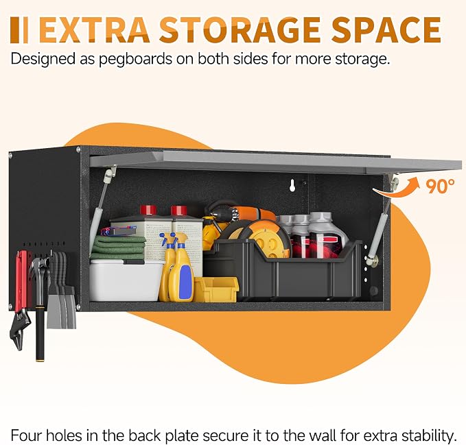 Metal Garage Wall Cabinet with Up-Flip Door,Wall-Mounted Steel Storage Cabinet, Float Tool Cabinet with Pegboard,Upper Cabinet for Kitchen,Garage,Workshop,Warehouse(13.8" H,Black&Gray)
