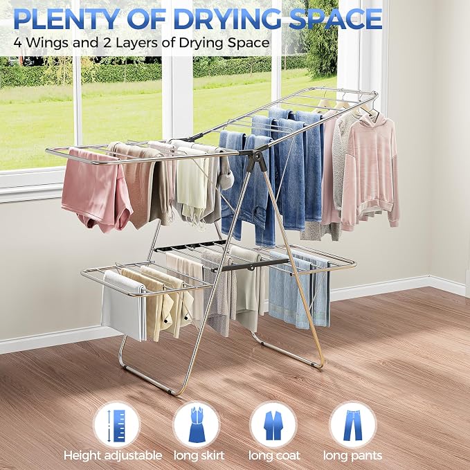 APEXCHASER Clothes Drying Rack, Foldable 2-Level Drying Rack Clothing, Stainless Steel Free-Standing Laundry Airer, with Height-Adjustable 4 Wings, Matte Black
