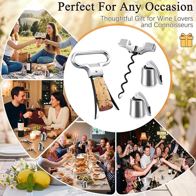 Ah So Wine Opener with Wine Stoppers, Two-Prong Cork Puller for Fragile and Damaged Corks, 2 Pack Stainless Steel Bottle Stopper with Silicone Seal