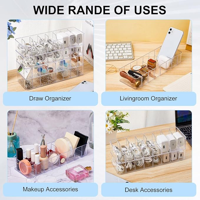 Tatuo 4 Pcs Cable Organizer with 40 Wire Ties, Plastic Cord Storage Charger Box Electronics Organizer with Adjustment Compartments Cable Storage for Drawer Home Office Desk Accessories (Clear)
