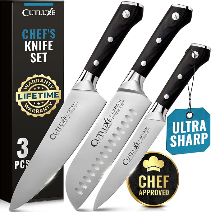 Cutluxe Chef Knife Set, 3-Piece Kitchen Knives – Razor Sharp German Steel | Professional Full Tang Blades with Ergonomic Handles – Artisan Series, Forged High Carbon
