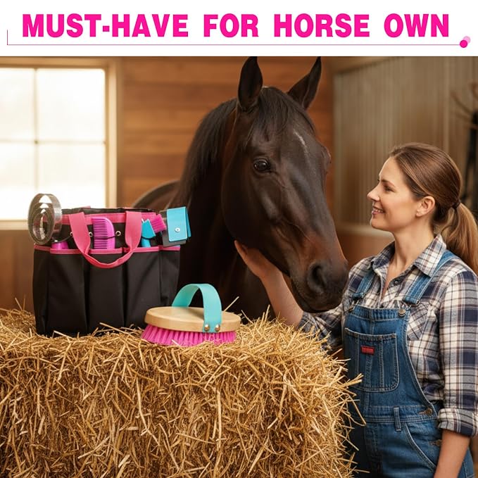 Abbylike 12 Piece Horse Grooming Kit with Organizer Tote Bag Brush Sets for Derby Day Show Horses Professional Tools for Care & Massage(Rose Red)