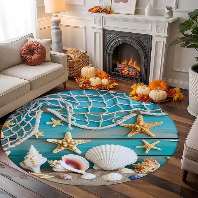 6 Ft Round Rug for Living Room, Beach Starfish Indoor Accent Rugs for Apartment, Ocean Conch Fishing Net Blue Wood Grain Decorative Circle Carpet Washable Low Pile Non Slip, Soft Rug for Bedroom