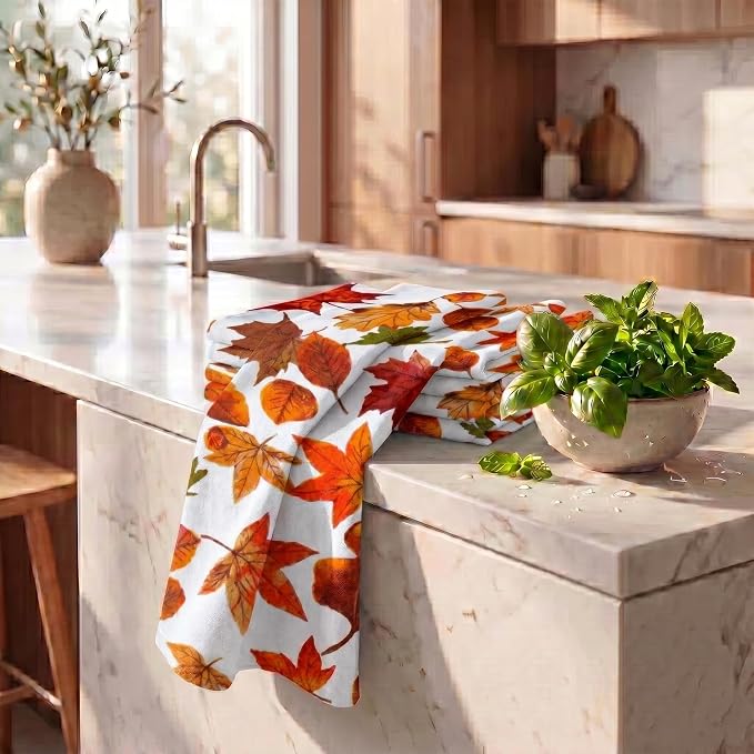 Urban Villa Kitchen Towels Harvest Leaves Print Dish Towels Set of 6 20" X30” 100% Cotton Highly Absorbent Quick Drying Dish Cloths & Dish Towels Thanksgiving Fall Tea Towels with Hanging Loop Towels