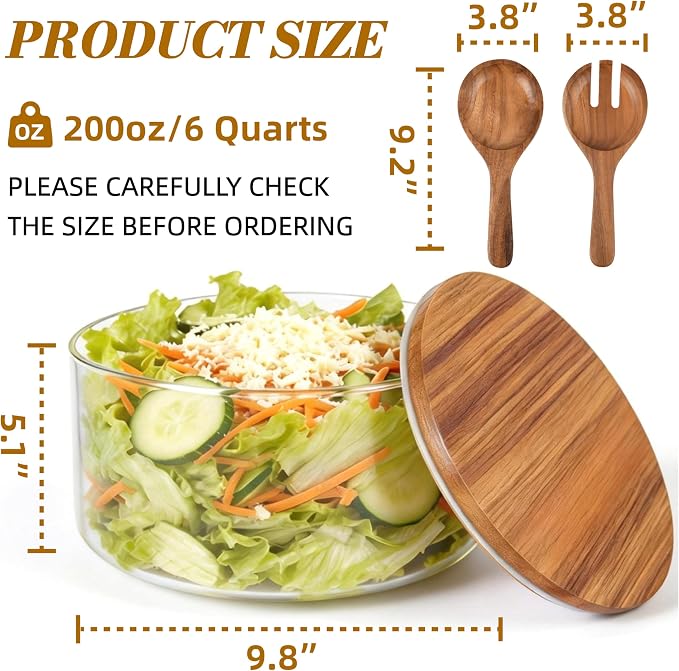 Glass Salad Bowl with Lid, 9.8" Large Glass Mixing Bowls with Acacia Wood Lids Set & Serving Utensils, 200oz Trifle and Serving Bowl for Salads, Fruit, Pasta, Dessert, Popcorn, Microwave Safe