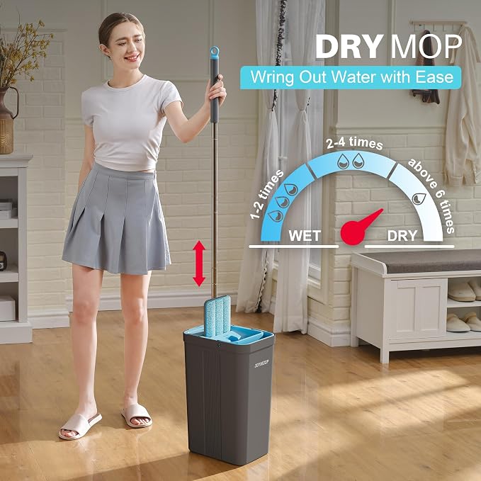JOYMOOP Mop and Bucket Set, Mops for Floor Cleaning, Wall Mop Cleaner with Long Handle, with 6 Reusable Microfiber Mop Pads - Grey+Cyan Blue