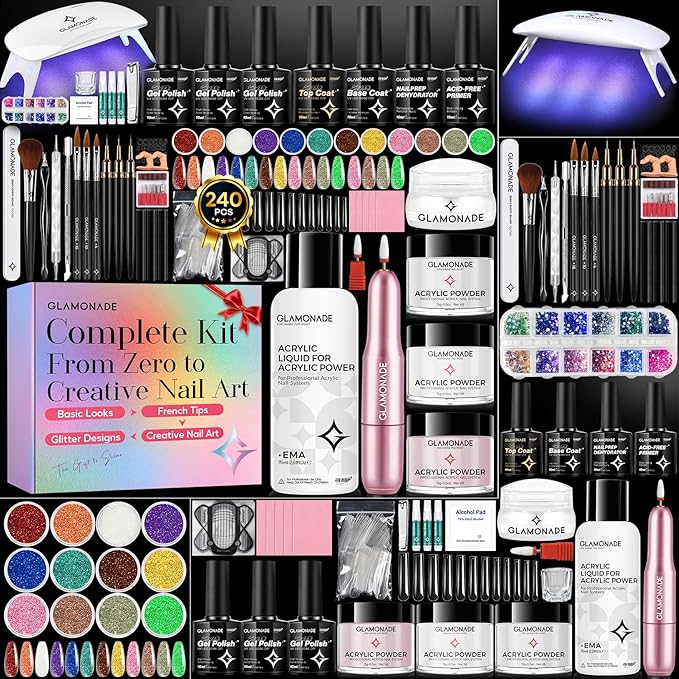 Glamonade Acrylic Nail Kit for Beginners: Professional Nail Set with Drill Acrylic Powder Gel Polish Nail Stamp for Home Starter Practice & DIY Manicure
