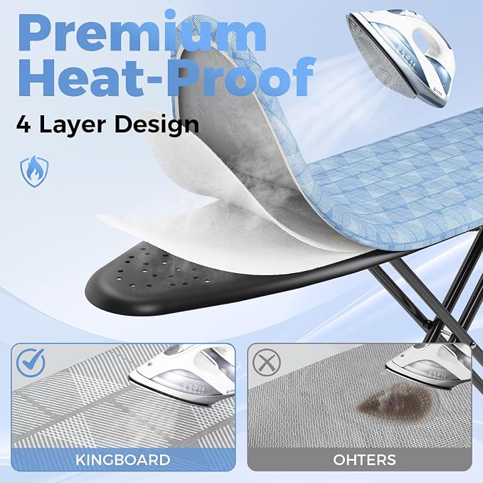 KINGBOARD Ironing Board, Compact Iron Board with Silicon Iron Mat, Heat Resistant Cover, 7 Height Adjustable, Foldable Ironing Board Wall Mount Hanger, 13x43 Blue