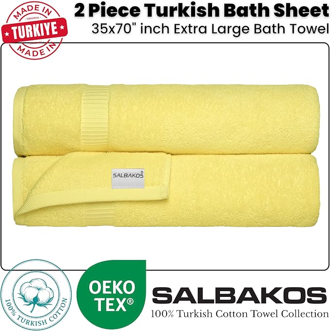 SALBAKOS 2-Piece 100% Turkish Cotton Bath Towels, Extra-Large 35x70 Yellow | Oversized Bath Sheet Towel for Bathroom & Beach, Thick, Super Soft, Highly Absorbent, Premium Hotel Quality, Made in Turkey