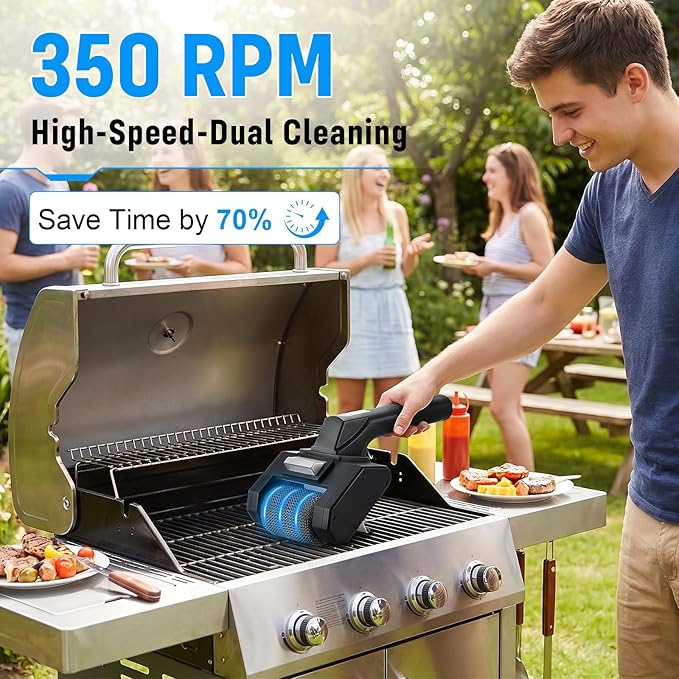 Electric Grill Brush, 350 RPM BBQ Grill Cleaner with 2 Replace Cleaning Heads, 2600mAh Battery Cordless Griddle Scrubber Waterproof for Outdoor Flat Top, Cast Iron, Barbecue Grates, Black