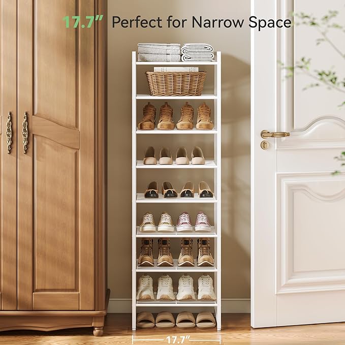Nunsino Narrow Shoe Rack, 8-Tier Metal Shoe Organizer,Tall Shoe Shelf with Anti-Tip Strap, Max Holds 18 Pairs,Space Saving for Closet,Entryway,White
