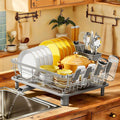 MOUKABAL Stainless Steel Dish Drying Rack for Kitchen Counter, Grey Silver | 13×17 Large Capacity/Drainboard with Rotating Spout/Removable Cup & Utensil Holders/Fast Drainage/Countertop Dish Drainer